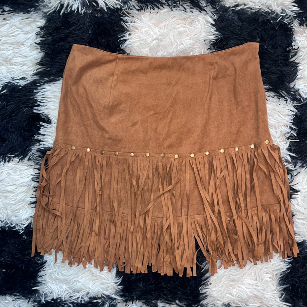 Stylish Tan Fringed Mini Skirt
